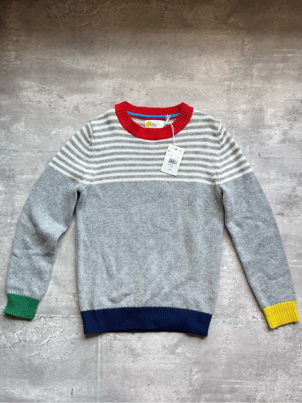 Boden Grey Striped Sweater with Red Neckline and Multi-Color Trim